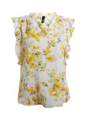 Kut from the Kloth White and Yellow Boho Floral Ruffle Sleeve V-Neck Blouse S